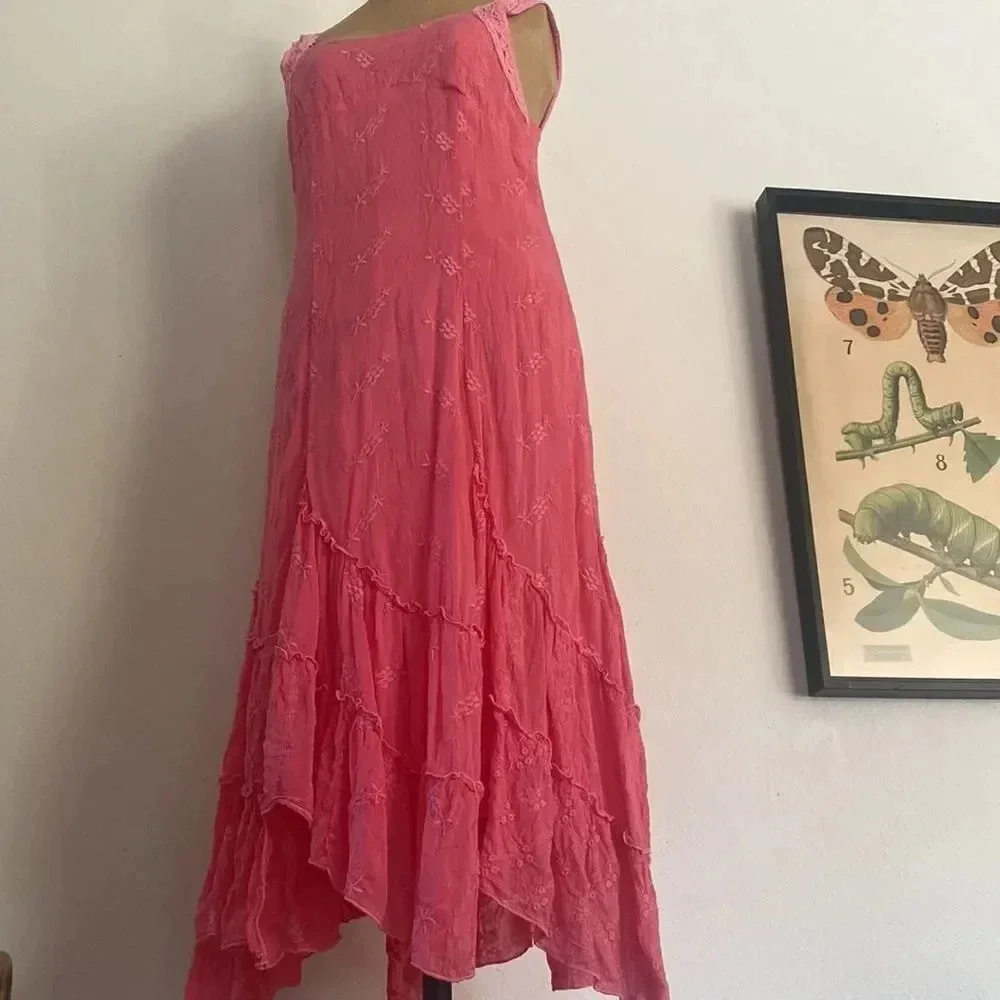 JOHNNY Was sz M ruffled embroidered pink strap dress gorgeous color beachy - Picture 6 of 9